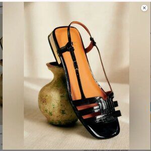 Sezane Josepha Low Sandals Patent Black Gold Heel Size 38 7.5